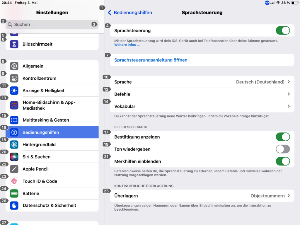 Bildschirmfoto der Bedienungshilfen vom iPad. Die Sprachsteuerung ist aktiviert. Die Nummern zur Auswahl der Funktionen sind eingeblendet.
